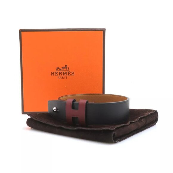 Auth HERMES Bracelet Black/Bordeaux Leather/Silvertone - Picture 1 of 16